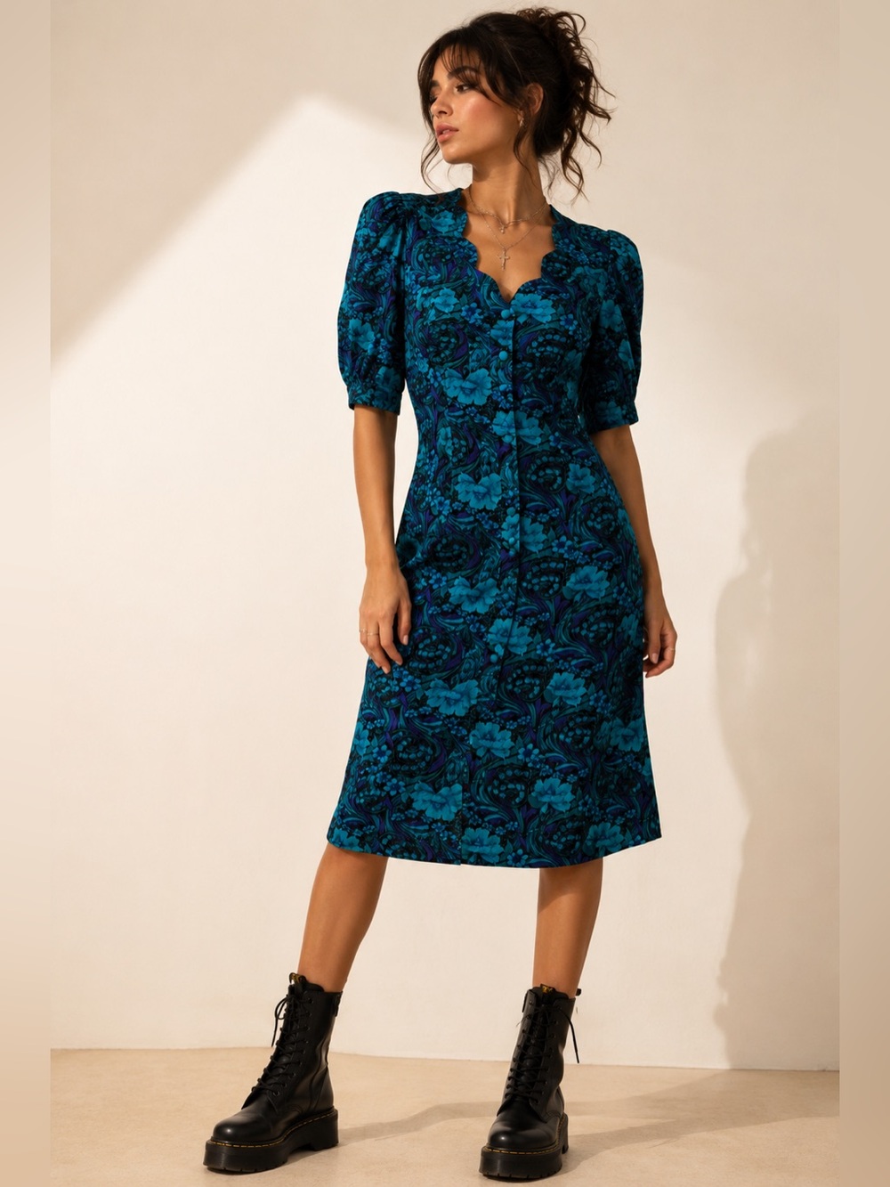 Vintage 80s Paisley Floral Mini Dress Statement David Bradley Scallop neckline M